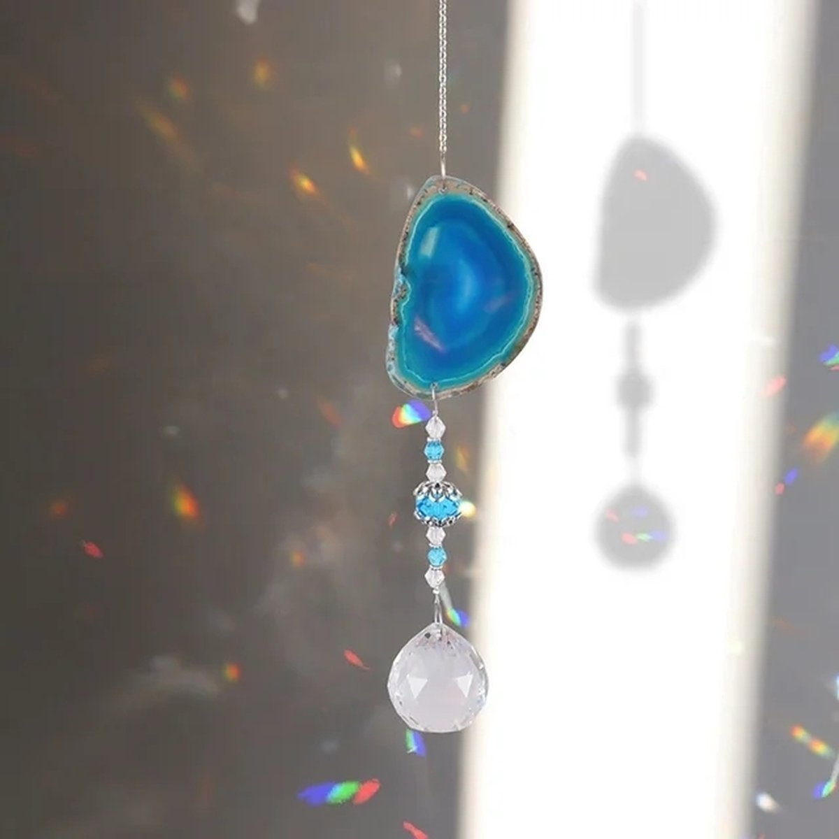 Suncatcher Gemstone Agate Stone Blue - Blauw - Kristal Zonnevanger - Raamdecoratie - Agaat - Edelsteen - Spiritueel - Boho - Bohemian