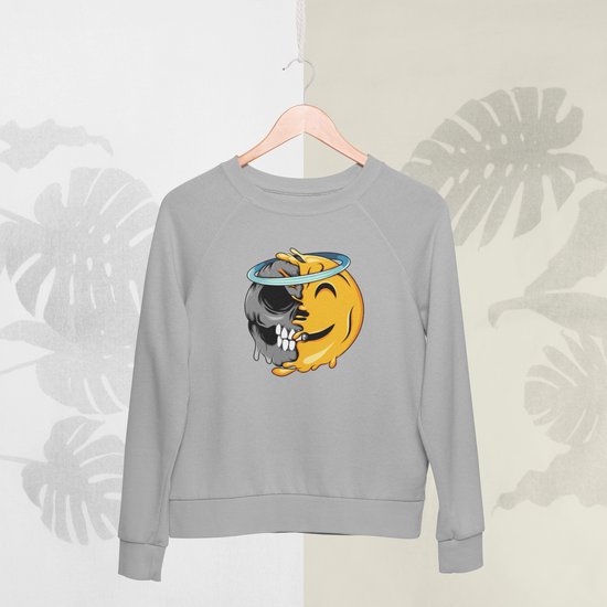 Feel Free - Halloween Sweater - Smiley: Lachend gezicht met halo - Maat M - Kleur Grijs