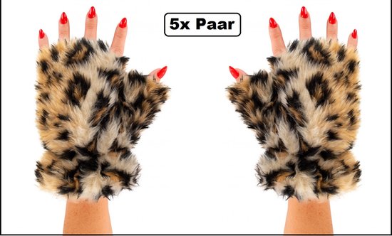 5x Paar pluche vingerloze handschoen panter - Feest festival thema feest party optocht themafeest