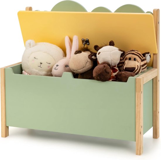 Speelgoedkist met deksel, 2-in-1 speelgoedkast en zitbank met rugleuning, met grote opbergruimte van hout, speelgoedkist groen, 60 x 26 x 50 cm