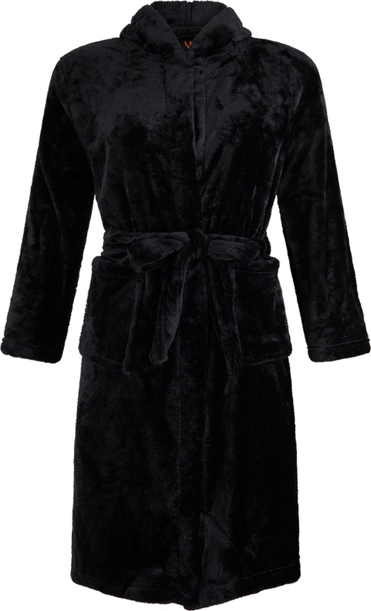 Kinderbadjas fleece - capuchon badjas kind - zwart - ochtendjas flanel fleece - maat M (122/128)