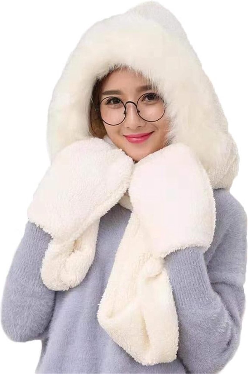 Warme muts voor dames, hoodie met oorkleppen, beanie, wintermutsen, oorflap, hoeden, sneeuwhoed, skimuts, lange sjaal met pocket handschoenen, Wit.