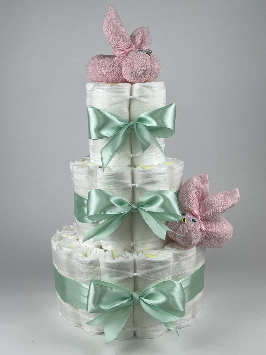 Chouette-Chouette | Luiertaart Meisje | Kraamcadeau | Geboorte Meisje | Babyshower | Konijnen Roze - Groen
