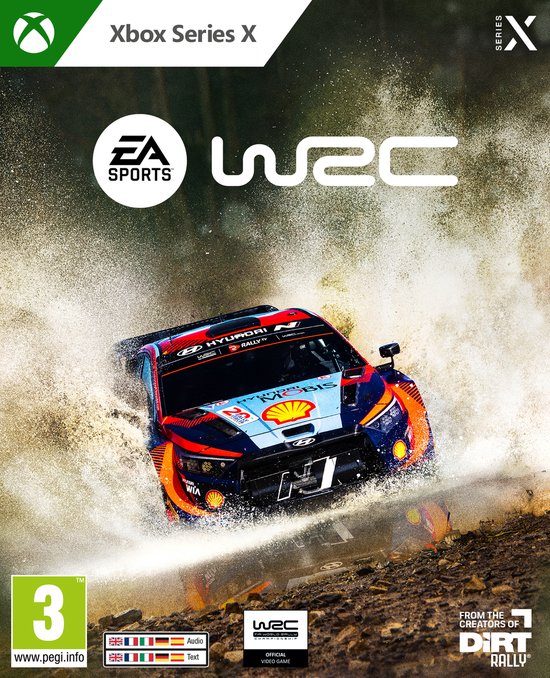 Xbox Series X gamecover met een rallyauto, blauw, rood en oranje, die door water en modder rijdt.
