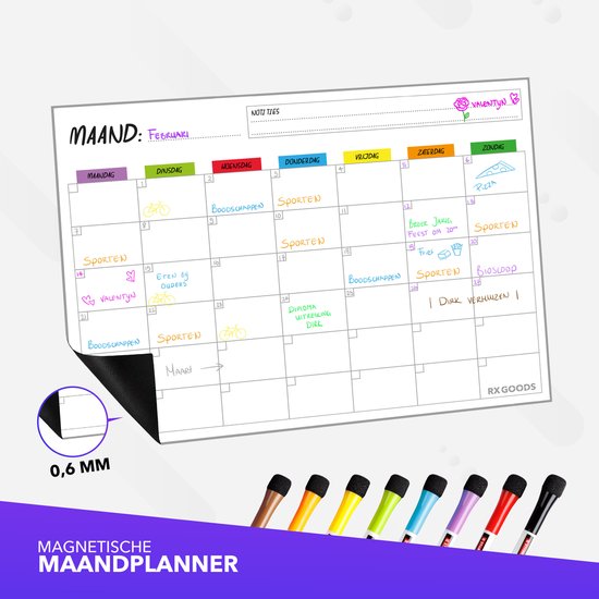 RX Goods Premium Magnetische Maandplanner Whiteboard Set met 8 Markers & Wisser – Incl. Weekplanner - RX Goods