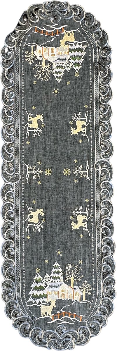 Tafelloper – Linnenlook – Kerst – Grijs met hert – Rendier – Loper 130 cm