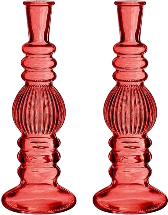 Kaarsen kandelaar Florence - 2x - koraal rood glas - ribbel - D8,5 x H23 cm