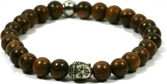 IbizaMen - heren armband - Robles hout 8mm - buddha RVS - 20cm