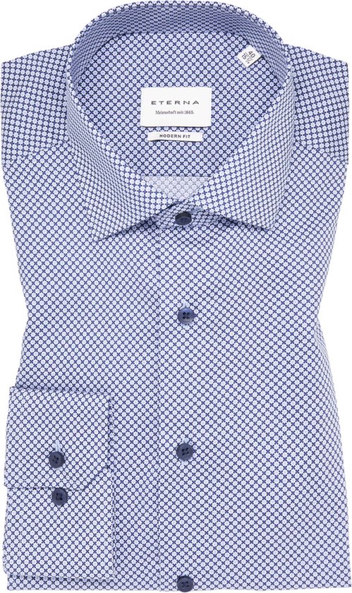 ETERNA modern fit overhemd - twill - middenblauw dessin - Strijkvrij - Boordmaat: 44