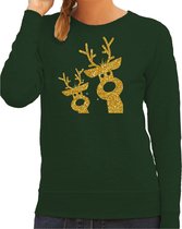 Bellatio Decorations foute kersttrui/sweater voor dames - gouden rendieren - groen - glitter goud XL