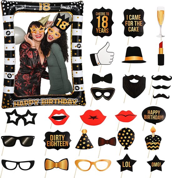 Zfseyuh Photobooth Verjaardag, 18 jaar, opblaasbaar frame, fotobooth 12 stuks, fotoaccessoires, goud, zwart, fotolijst, verjaardag, 18 jaar, voor feestdecoraties