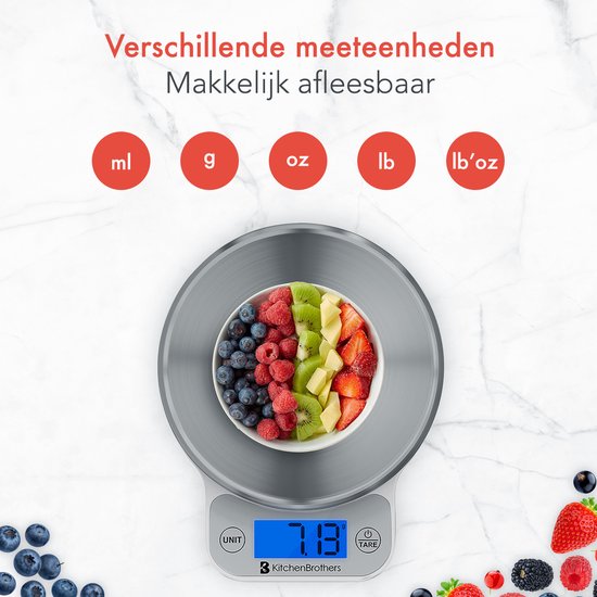 RVS keukenweegschaal met een schaal gevuld met fruitsalade. De tekst 'Verschillende meeteenheden' staat erboven.