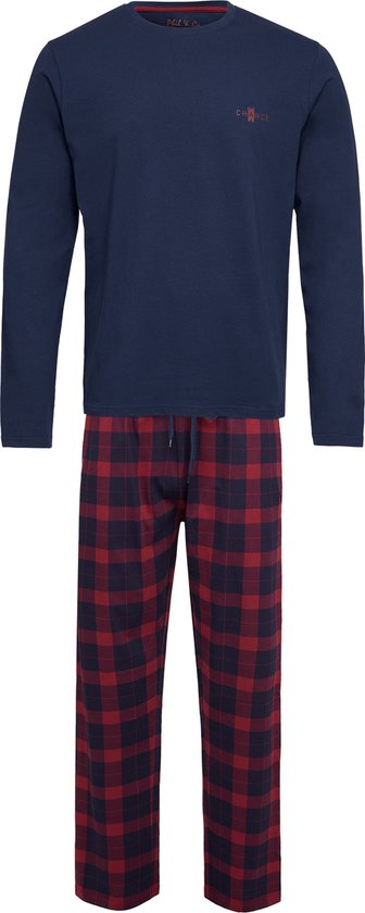 Phil & Co Lange Heren Winter Pyjama Set Katoen Geblokt Donkerblauw - Maat XL
