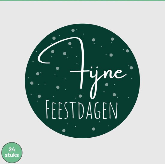 Autocollant vert avec l'inscription calligraphique blanche 'Fijne Feestdagen' et des points. 24 pièces.