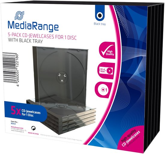 Verpakking met 5 MediaRange CD-doosjes voor 1 schijf met zwarte tray.