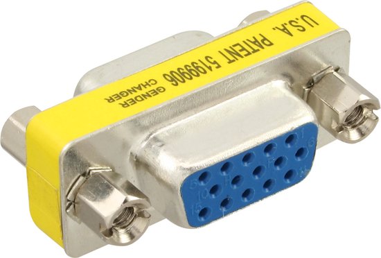 Un adaptateur Mini Gender Changer argenté avec une bande jaune et texte bleu 'GENDER CHANGER U.S.A.Patent 5199906'.