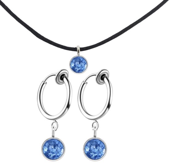 2-Delig set- Arcen -blauw- ketting- klem oorbellen- Geen gaatje- Charme Bijoux
