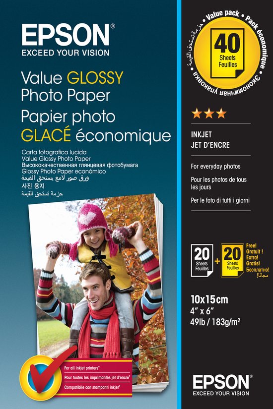 Verpakking met 40 vellen Epson Value Glossy fotopapier, 10x15cm. Incl. 2x 20 gratis vellen.