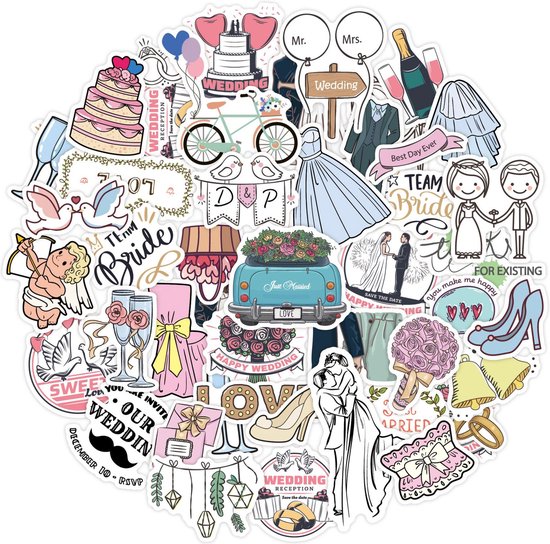 Set Autocollants de mariage-50 Autocollants -pour Album de mariage, Journal, Invitations, Décoration, etc. Thema mariage/amour