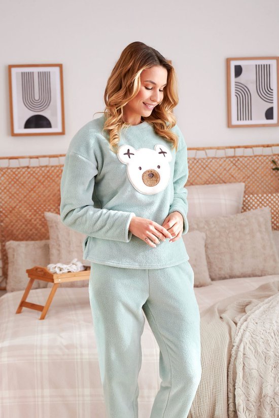 Doctor Nap Warme Winter Pyjama Dames Fleece | Lange Mouw Lange Broek | Bear Green Sky PM.5268 XL