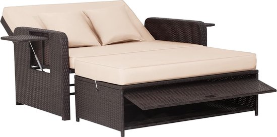 Rotan Sofa Set - 2-zits fauteuil met voetenbank en 2 bijzettafels, terrasbank, slaapfunctie, lounge tuinbank, verstelbaar voor outdoor, balkon en tuin, 170 x 120 x 91 cm