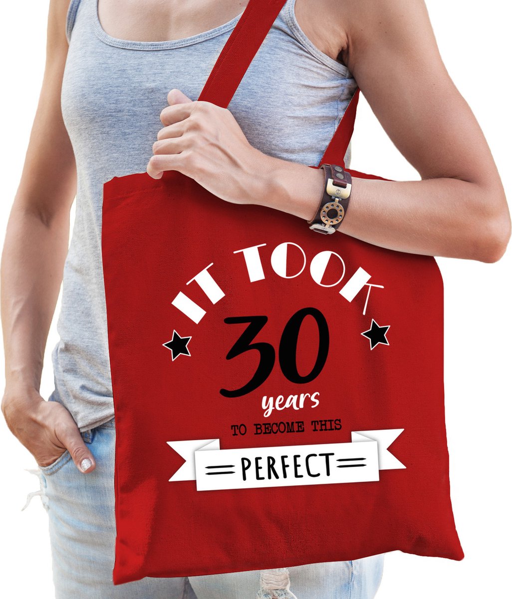 Bellatio Decorations cadeau tas dames - 30 en perfect - rood - katoen - 42 x 38 cm - dertig