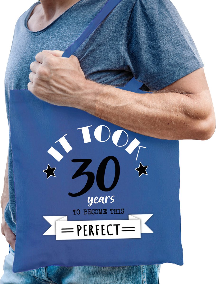 Bellatio Decorations cadeau tas heren - 30 en perfect - blauw - katoen - 42 x 38 cm - dertig