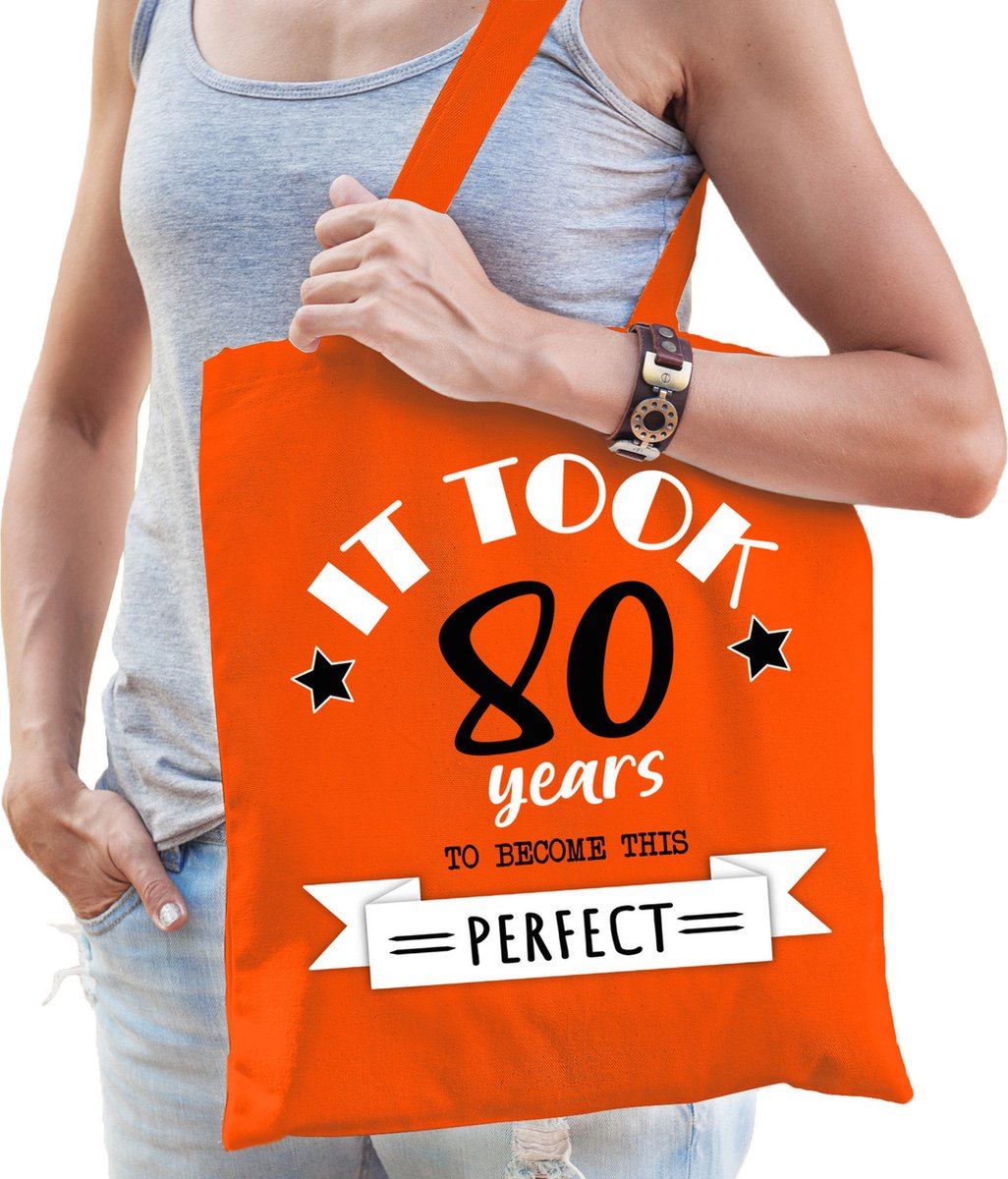 Bellatio Decorations cadeau tas dames - 80 en perfect - oranje - katoen - 42 x 38 cm - tachtig