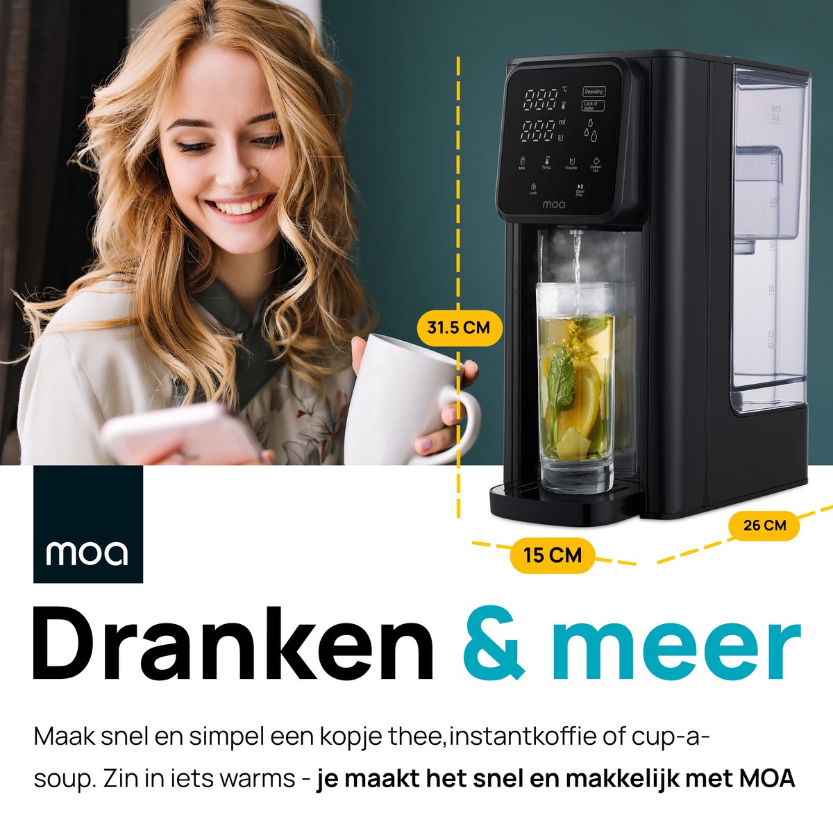 MOA Heetwaterdispenser 3L met Temperatuurregeling - Instant Waterkoker - BPA en PFAS Vrij - 45-100°C - Melkfunctie - Heetwatertap - BPA-vrij - Zwart — afbeelding 6