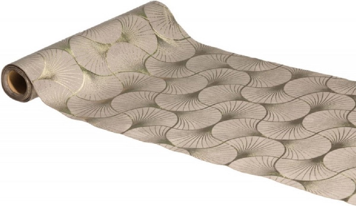 Chaks Tafelloper op rol - 2x - ginkgo print - beige/champagne - 28 x 300 cm - polyester