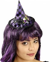 Chaks Halloween heksenhoed - mini hoedje op diadeem - one size - zwart/paars - meisjes/dames - verkleed accessoires