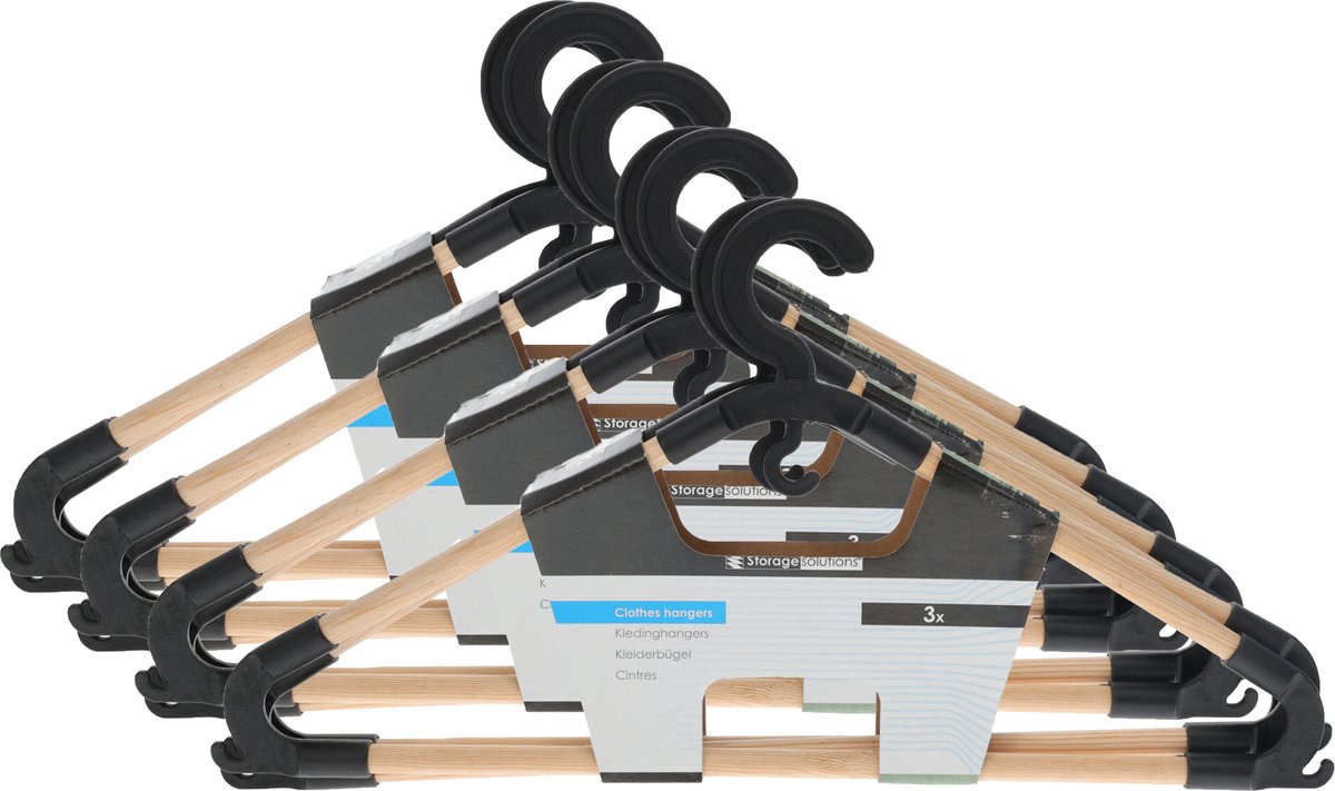 Storage Solutions Kledinghangers met broekstang - 12x - hout - zwart - 43 x 20 cm