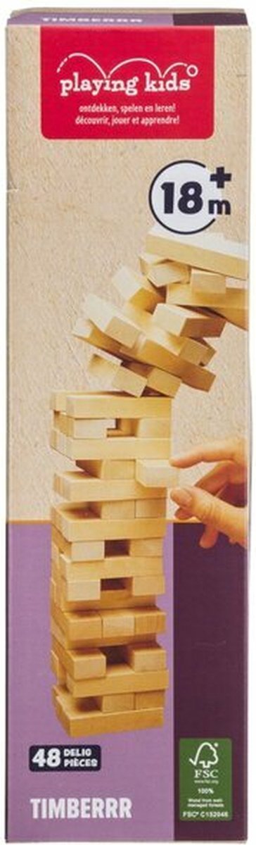 Jenga - Gezelschapsspel - Familiespel - Stapeltoren - Playing Kids Timberrr Spel - Drankspel - 48 Blokken Stapelspel - 27 x 8 x 8 cm
