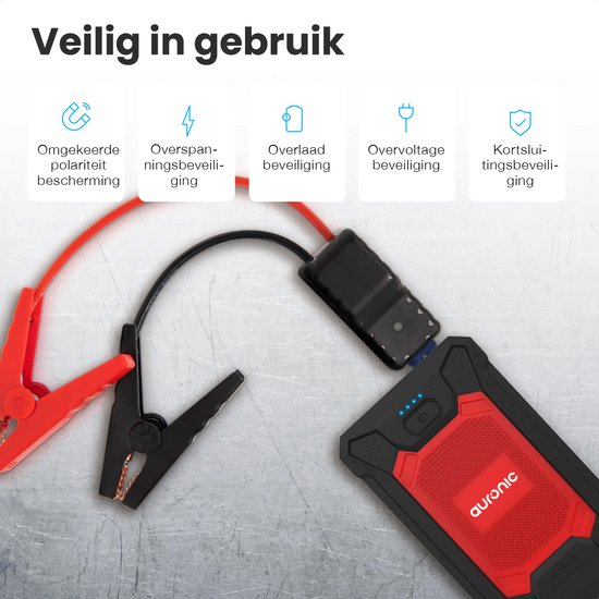 Auronic 12V Jumpstarter voor Auto – 600A / 7.200 mAh – 4-in-1 starthulp – Incl. tas - Rood/Zwart - Auronic