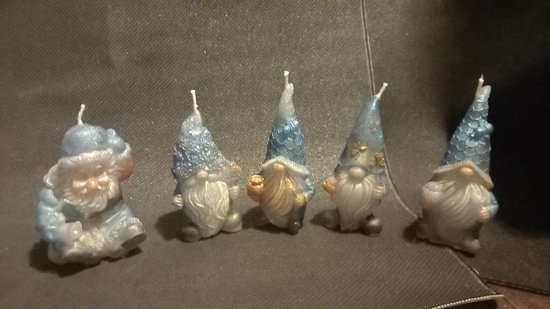 starwolf, kerstmis, set van 5 kaarsen, kerstman met kabouters, blauw