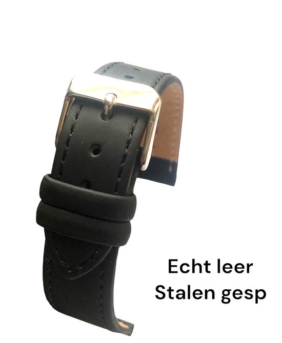 Horlogeband-horlogebandje-18mm-echt leer-zacht-mat-plat-zwart-stalen gesp-leer-18 mm