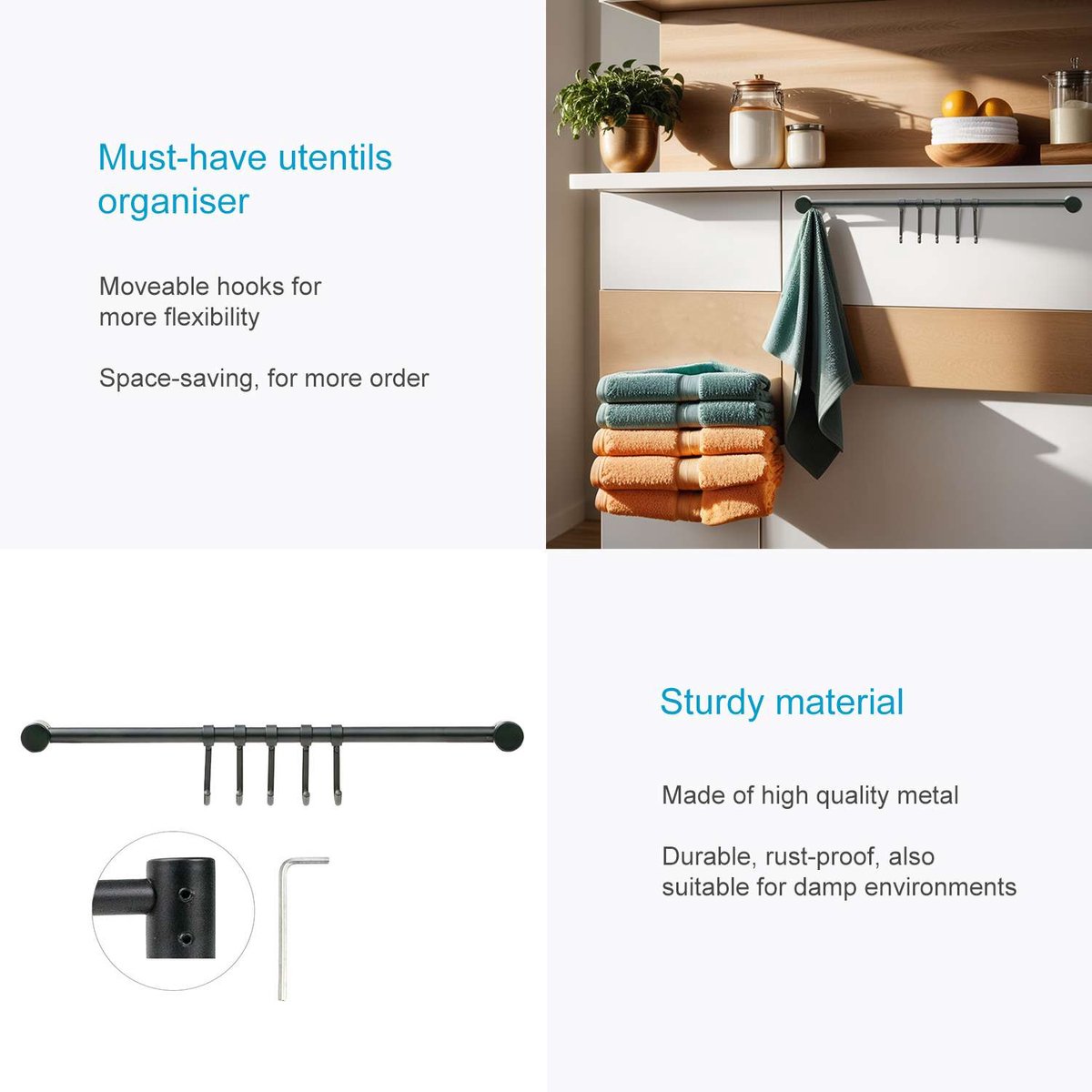 Intirilife RVS Ophangrail Met 5 Haken In Zwart Haakrail Keukenrail intirilife-rvs-ophangrail-met-5-haken-in-zwart-haakrail-keukenrail