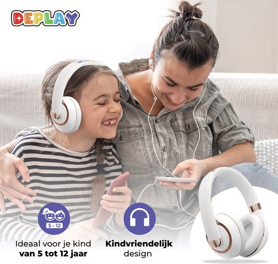 DEPLAY Headphones - Kinderkoptelefoon - Koptelefoon Kinderen - Over Ear - Draadloos - Volumebegrenzer - Noise Isolation - Wit - DEPLAY