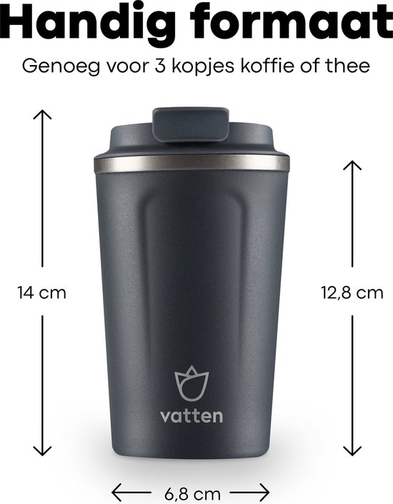 Vatten® Premium RVS Koffiebeker To Go - Donkergrijs - 380ml - Thermosbeker - Theebeker - Vatten