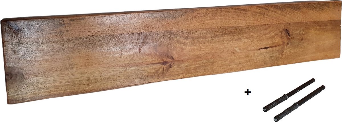 Wandplank Mangohout + blinde plankdragers | 100x19cm | muurplank | Plank aan de Muur | Industrieel | Boekenplank | Loft | Landelijk | Mango