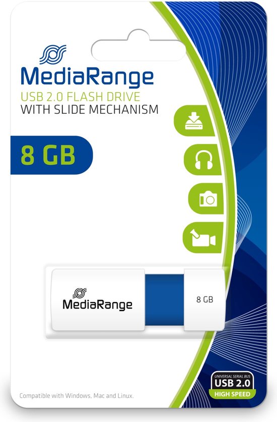 MediaRange 8GB USB 2.0 flash drive in verpakking, met blauwe accenten.