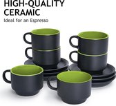 6 x 75 ml aardewerk espresso mok/mokken set zwarte buitenkant kleurrijke binnenkant (Groen)