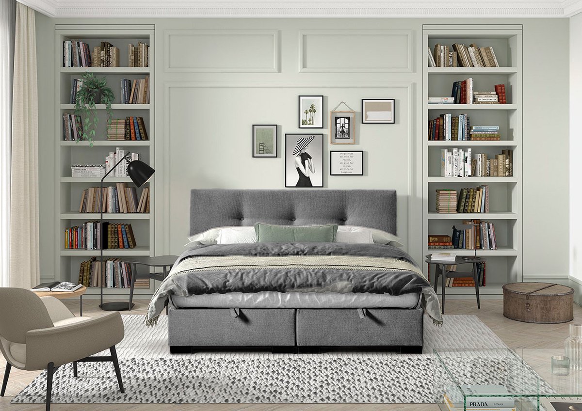 Storage Boxspring 160x200 Steel Grijs Stof -Made in Belgium- met Opbergruimte