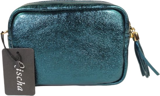 Qischa® - cuir - Sac à main crossbody - poche zippée - bandoulière réglable - bleu canard