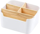 Desk Organiser 5 Compartments Wooden Desktop Organiser Multifunctional Wooden Desktop Storage Box with Removable Compartments for Smartphones Cosmetics Pens Small Items - White