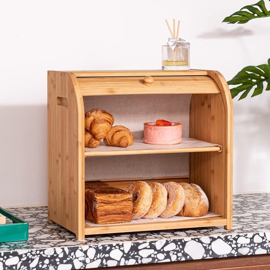 Bamboo Bread Bin for Kitchen Countertop: 2 Layers Large Capacity Bread Storage Rustic Farmhouse Style Bread Bin Flexible Sliding Door DIY