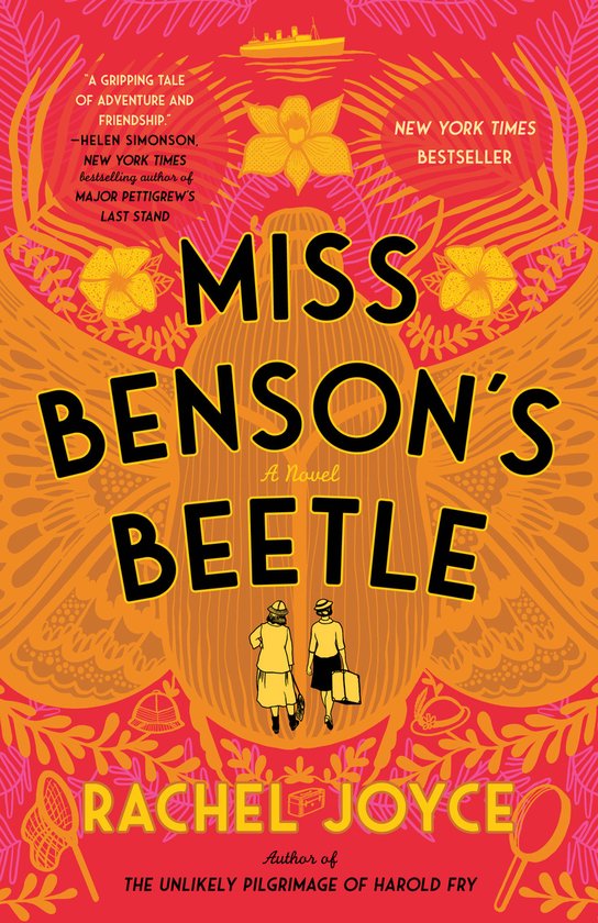 Boekomslag met de titel 'Miss Benson's Beetle' in grote zwarte letters. Twee vrouwen staan op een achtergrond met oranje en roze bladeren en een gele orchidee.