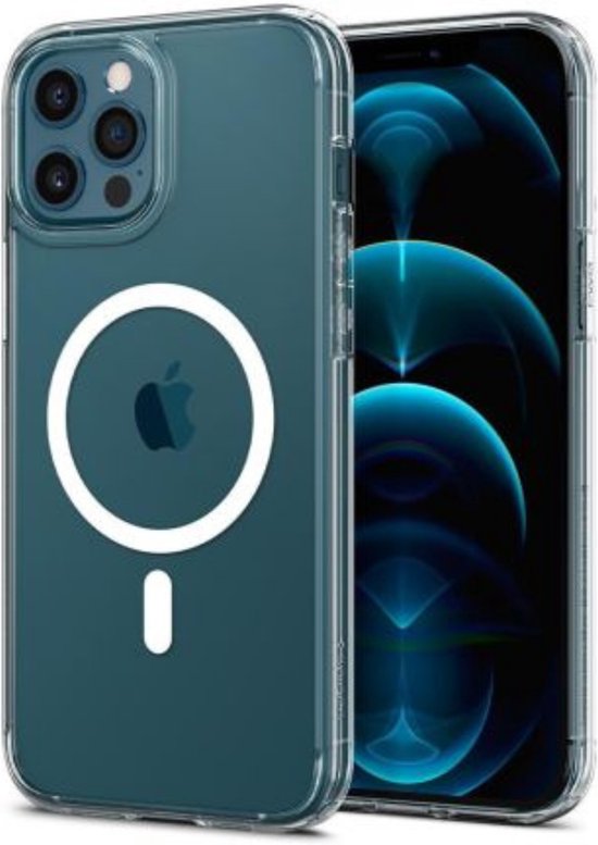 Coque transparente pour iPhone 13 Pro Max avec cercle MagSafe, à côté d'un iPhone à écran bleu.