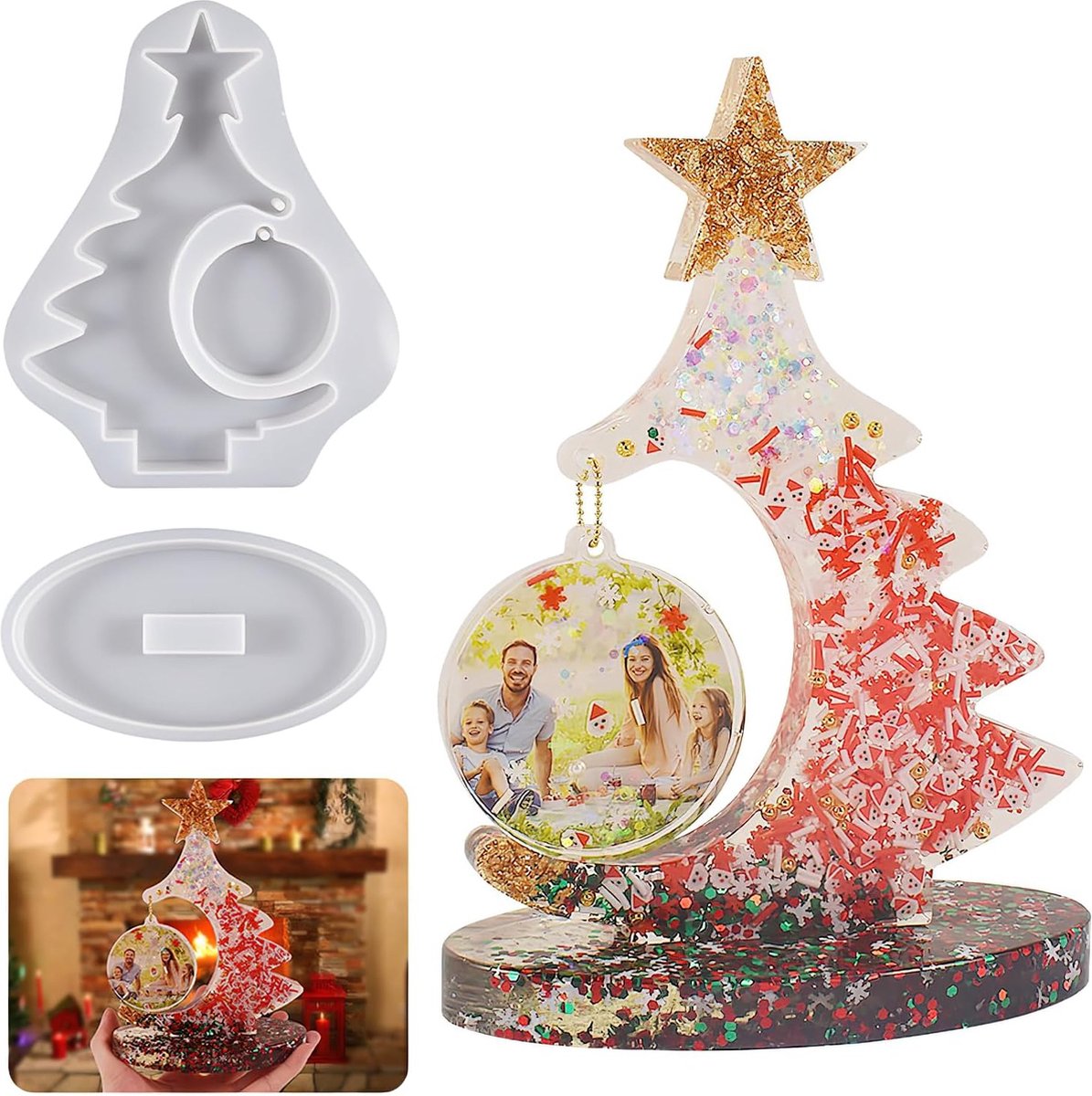 Grote epoxyhars vormen kerstboom siliconen vorm fotolijst epoxyhars gietvorm kerstboom Kerstmis ornament epoxyhars fotolijst met ronde hanger gieten harsvorm huisdecoratie