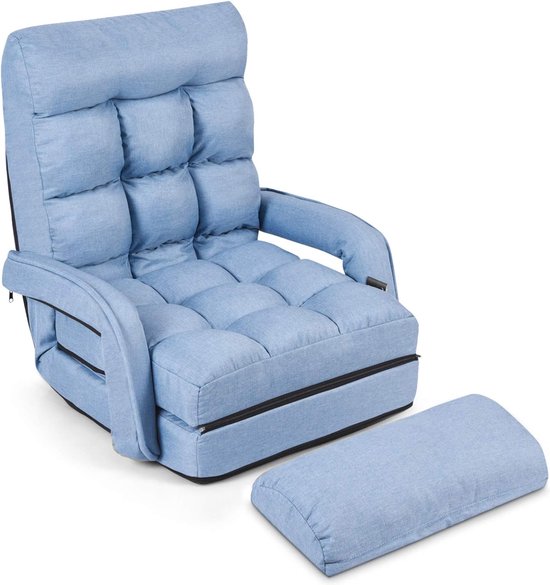 Klapbare vloerstoel met armleuningen en kussens, comfortabele multihoekfauteuil van katoen, luie slaapbank met verstelbare rugleuning voor slaapkamer, woonkamer, kantoor (blauw)